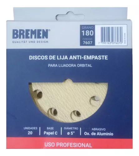 DISCOS DE LIJA ATI-EMPASTE (P/LIJADORA ORBITAL) GRANO 180 BREMEN X UNID